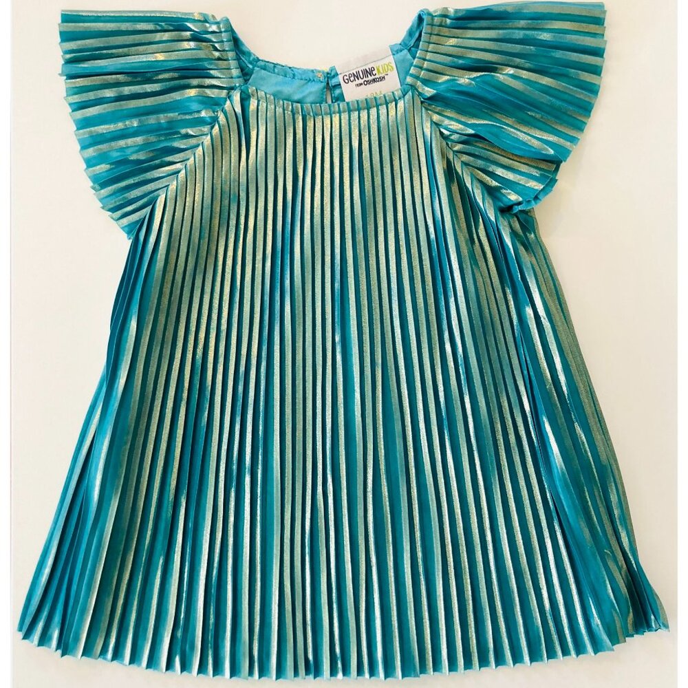 Oshkosh B'gosh toddler girl green metallic gold shimmer pleated dress 18M